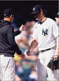  ?? Eduardo Munoz Alvarez / Associated Press ?? New York Yankees starting pitcher Gerrit Cole is relieved in the sixth inning against the Cleveland Indians on Sunday in New York.