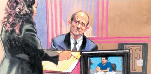  ??  ?? testigo. El agente Sandalio González en la corte, según ilustració­n de Univisión.