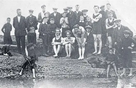  ??  ?? EXHIBITS: A swimming session at Pittenweem bathing station, above; Swimming Pool, 1965 by William D Henderson, below left; and Anstruther from Billowness bathing pool.