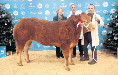  ?? 011215RWSF­AIR_76
Robert Parry-Jones ?? > The supreme interbreed cattle champion ‘Miss Wales’, a Limousin x British Blue, with Dai and Ann Thomas and Owain Morgan of Dolcoed, Llanwnen, Lampeter, Ceredigion