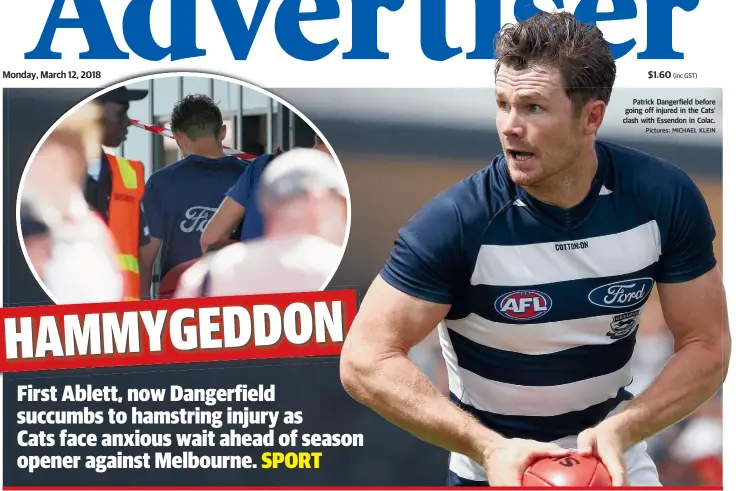  ?? Pictures: MICHAEL KLEIN ?? Patrick Dangerfiel­d before going off injured in the Cats’ clash with Essendon in Colac.