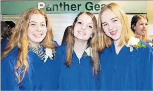  ?? MAUREEN COULTER PHOTO ?? Mairi Clayton of Emyvale, left, Darcy Clow of Hampshire and Corrin Doucette of Emyvale take a moment to get their picture taken at their graduation ceremony June 23. Mairi plans on attending the University of King’s College, Darcy plans on attending...