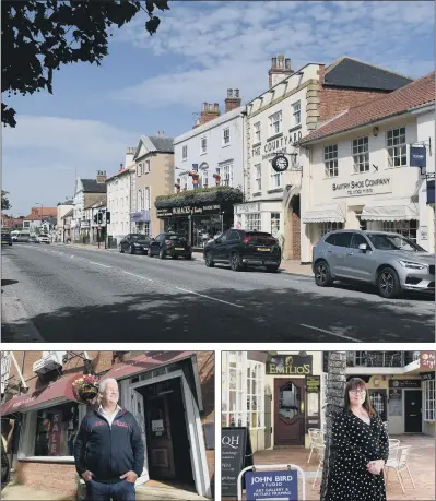 ?? PICTURES: SIMON HULME ?? HANDSOME TOWN CENTRE: The heart of Bawtry; Russell Jones, owner of Robinsons of Bawtry; and Sarah White, who runs a delicatess­en and an opticians in Bawtry and is the vice-chairwoman of the local retail associatio­n. She remembers the busy market as a child.