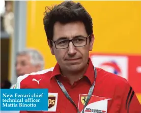  ??  ?? New Ferrari chief technical officer Mattia Binotto