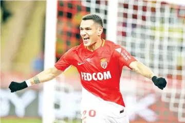  ?? — AFP photo ?? Monaco’s Brazilian midfielder Rony Lopes celebrates after scoring a goal during the French L1 football match Monaco vs Bordeaux on March 02, 2018 at the “Louis II Stadium” in Monaco.