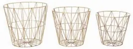  ?? Courtesy of Annie Selke via AP ?? This photo shows designer Annie Selke’s wire basket sets at Pine Cone Hill, which bring several trends into a room, including brass accents, minimalism and geo patterning. While they make handy trash bins, they can also be used as decorative storage.