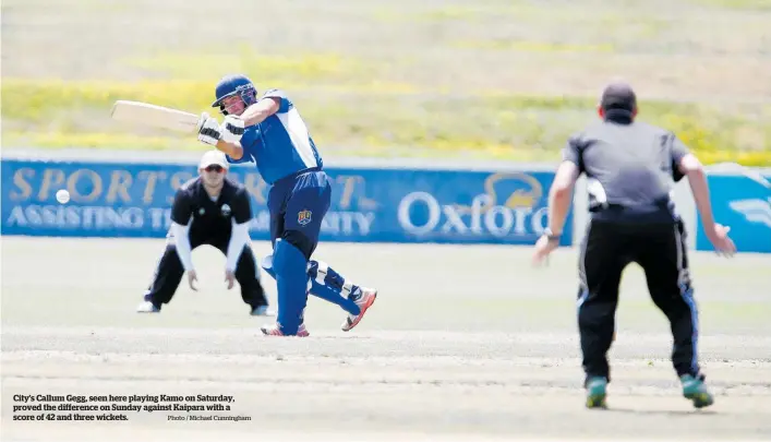  ?? Photo / Michael Cunningham ?? City’s Callum Gegg, seen here playing Kamo on Saturday, proved the difference on Sunday against Kaipara with a score of 42 and three wickets.