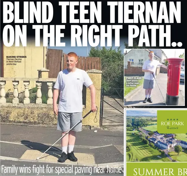  ??  ?? MAKING STRIDES Tiernan Devine in West Belfast yesterday FIRST CLASS Teen posts a letter near his house