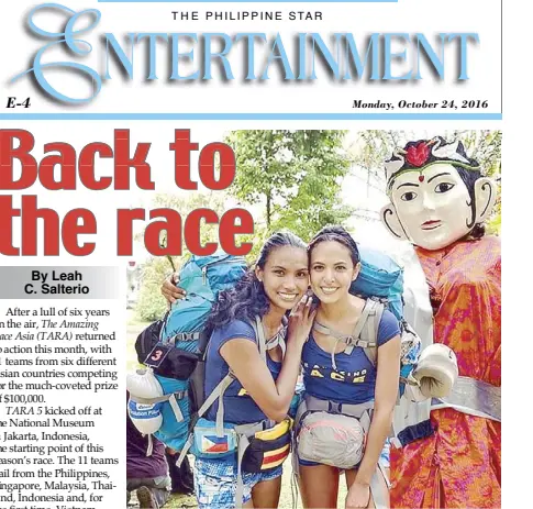  ??  ?? The Amazing Race Asia returns this month with 11 teams from six different Asian countries, including the Philippine­s