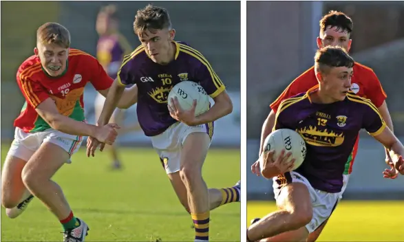  ??  ?? Wexford wing-forward Niall Connolly taking on David Dunphy of Carlow. Emmett Nolan making tracks towards the Carlow goal.