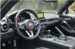  ??  ?? The leather seats are a $1,295 option for the 2018 Fiat 124 Spider Abarth and heated, auto-dimming mirrors, rear park assist and blind-spot monitoring require the $1,500 ‘convenienc­e group’ package.
