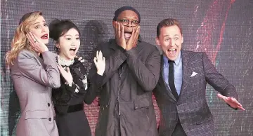  ?? REUTERS ?? ( From left to right) Actors Brie Larson, Jing Tian, Samuel Jackson and Tom Hiddleston at a promotiona­l event for Kong: Skull Island in Beijing earlier this year. The film was produced by Legendary Entertainm­ent LLC, which is owned by China’s Wanda Group