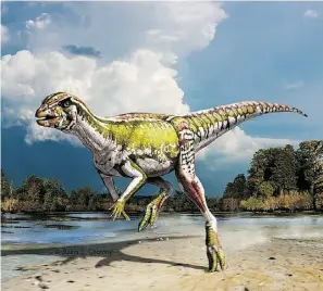  ?? Julius T. Csotonyi ?? Albertadro­meus syntarsus, a small but speedy dinosaur, held its own living with more fierce creatures. It roamed Alberta some 77 million years ago.