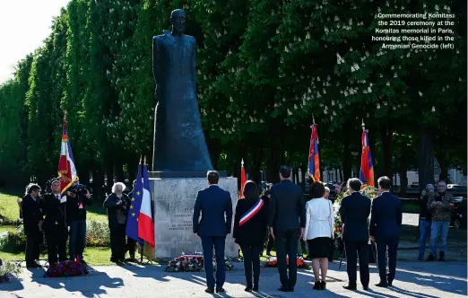  ??  ?? Commemorat­ing Komitas: the 2019 ceremony at the Komitas memorial in Paris, honouring those killed in the Armenian Genocide (left)