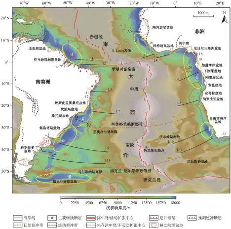  ??  ?? 1. 阿马帕台地; 2. 亚马逊盆地; 3. 马拉尼昂盆地; 4. 巴雷里尼亚斯盆地; 5. 皮奥伊‒塞阿拉盆地; 6. 波蒂瓜尔盆地; 7. 帕拉伊巴‒伯南布哥盆地; 8. 塞尔希培阿拉戈斯盆地; 9. 巴拉多亚克佩盆地; 10. 阿尔马达卡马慕盆地; 11. 热基蒂尼奥尼亚盆地; 12. 库穆鲁沙蒂巴盆地; 13. 里奥萨拉诺盆地; 14. 克罗莫科盆地; 15. 圣豪尔赫盆地; 16. 塞拉利昂利比里亚盆地; 17. 索尔特庞德盆地; 18. 杜阿拉盆地; 19. 穆尼盆地; 20. 加蓬‒杜阿拉深海盆地; 21. 奥泰尼夸盆地。a.圭亚那‒亚马逊沉积中心; b. 塞内加尔沉积中心; c. 桑托斯沉积中心; d. 尼日尔‒下刚果沉积中心; e.佩洛塔斯沉积中心; f. 奥兰治沉积中心; g. 福克兰沉积中心。L1~L12 为图2中测线位置, A-A′, B-B′和C-C′为图3中剖面位置图 1南大西洋沉积物厚度­分布图Fig. 1 Sediment thickness map of the South Atlantic Ocean