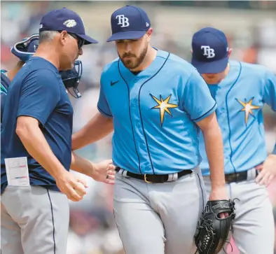  ?? CARLOS OSORIO/AP ?? Tampa Bay Rays starting pitcher Aaron Civale is relieved in the fifth inning against the Detroit Tigers on Saturday in Detroit.