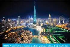  ?? — AFP ?? DUBAI: A handout image made available yesterday shows Burj Khalifa during a light show to mark the ‘10 million meals’ COVID-19 campaign.