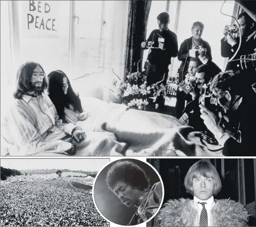  ?? PICTURES: AP PHOTO/PA WIRE/REX ?? UPHEAVAL: John and Yoko in bed for peace; Woodstock Festival; Jimi Hendrix did not follow TV rules; Rolling Stones guitarist Brian Jones, who died in 1969.