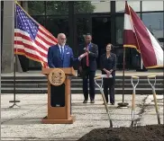  ??  ?? Montgomery County Court of Common Pleas President Judge Thomas DelRicci addresses a crowd Tuesday morning outside of the Montgomery County Court House in downtown Norristown during a ground breaking ceremony for the start of constructi­on on the Montgomery County Justice Center.