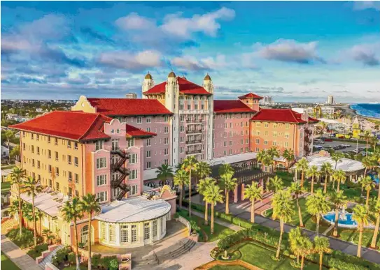  ?? Photos from the Grand Galvez/seawall Hospitalit­y ?? The pink exterior of the Galveston hotel sparked protest when it was revealed. “Now I can’t find one person who doesn’t like it,” co-owner Mark Wyant says.