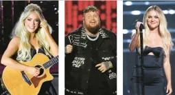  ?? AP PHOTOS ?? Megan Moroney, from left, Jelly Roll and Kelsea Ballerini have each earned three nomination­s for this year’s CMT Music Awards, which will air live April 7 on CBS.