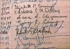  ?? / Paul Grondahl ?? Signatures in the historic ledger of the first four women who became members of the Fort Orange Club in 1989.