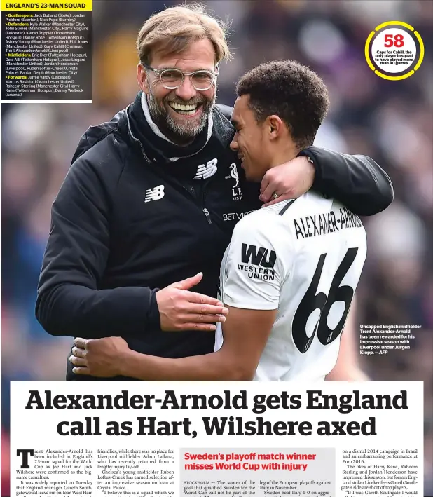  ?? — AFP ?? Uncapped English midfielder Trent Alexander-Arnold has been rewarded for his impressive season with Liverpool under Jurgen Klopp.