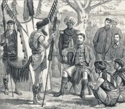  ?? GETTY IMAGES ?? Captain J Butler (assassinat­ed by the Nagas on January 7, 1876) meeting chiefs, Illustrati­on from The Graphic magazine, issue dated March 18, 1876.