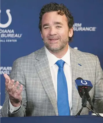  ?? DARRON CUMMINGS/AP ?? Colts interim coach Jeff Saturday speaks during a news conference on Monday in Indianapol­is.
