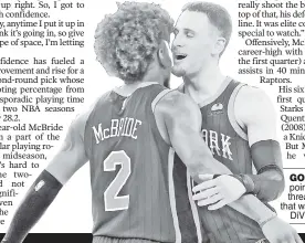  ?? USA TODAY Sports; Robert Sabo ?? GOES A LONG WAY: Miles McBride hit nine 3pointers against the Raptors on Wednesday (right), threatenin­g to break the Knicks’ single-game record that was set two nights earlier when Donte DiVincenzo (left) hit 11.