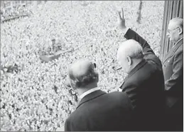  ?? PICTURE: WIKIPEDIA. ?? Winston Churchill waves to crowds in Whitehall, London, on the day he confirms that the war with Germany is over.