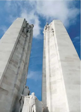  ??  ?? The Vimy memorial. Sculptors carved 20 human figures representi­ng peace and the defeat of militarism.