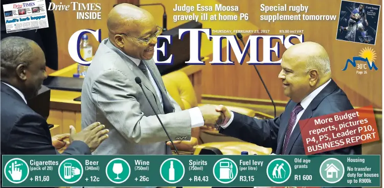  ?? Picture: DAVID RITCHIE ?? WELL BALANCED: Minister of Finance Pravin Gordhan is congratula­ted by President Jacob Zuma after his Budget speech in the National Assembly yesterday.