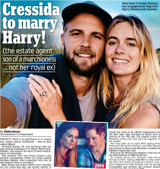  ??  ?? 2014 Old flame: With Harry at Wembley Arena New love: Cressida displays her engagement ring with Harry Wentworth-Stanley