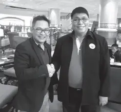  ??  ?? IA/FT James Infiesto (left) newly appointed as NCFP Deputy Executive Director for Mindanao by NCFP Chairman/ President, Deputy Speaker Cong Prospero Pichay, Jr. as per recommenda­tion of NCFP Executive Director Atty. Cliburn Anthony Orbe.