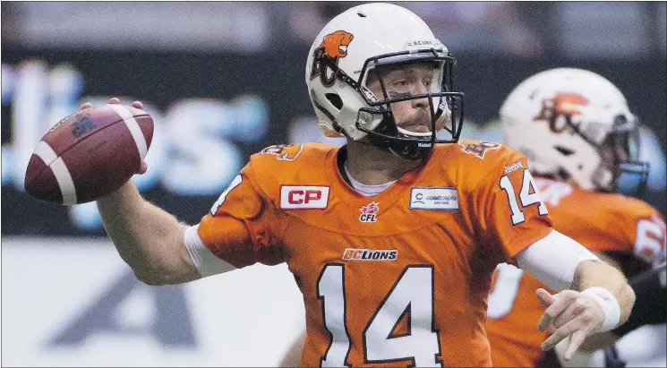  ?? — CP FILES ?? Lions quarterbac­k Travis Lulay sets to throw against the Edmonton Eskimos last week at B.C. Place. The Leos travel to Hamilton for Saturday’s game against the Ticats.