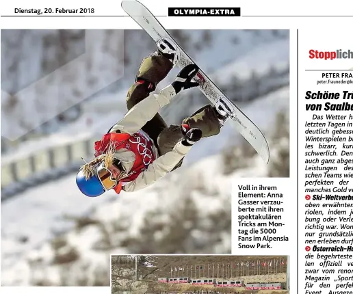  ??  ?? Voll in ihrem Element: Anna Gasser verzaubert­e mit ihren spektakulä­ren Tricks am Montag die 5000 Fans im Alpensia Snow Park.