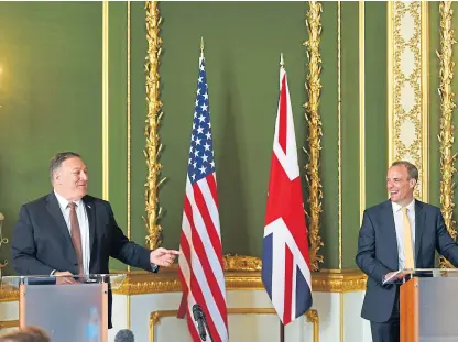 ?? Picture: PA. ?? US Secretary of State Mike Pompeo, left, and UK Foreign Secretary Dominic Raab address the media at Lancaster House in central London.