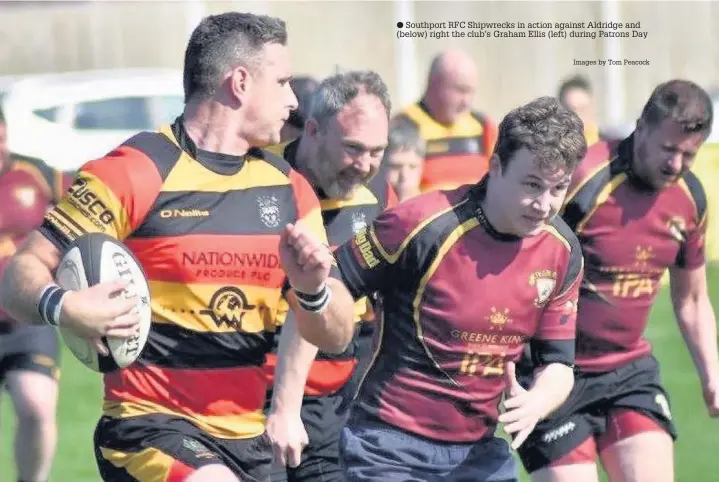  ?? Images by Tom Peacock ?? Southport RFC Shipwrecks in action against Aldridge and (below) right the club’s Graham Ellis (left) during Patrons Day