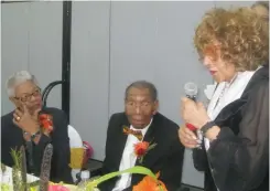  ?? Staff photo by Greg Bischof ?? ■ Longtime Haynes Mortuary Funeral Director Talmadge Hardy became the center of lively attention during his retirement celebratio­n Saturday evening at Macedonia Baptist Church. Hardy, 94, served 36 years with Haynes.