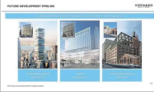  ??  ?? PICTURE THIS: This cool-looking office tower rendering (left) is part of the Hotel Pennsylvan­ia redevelopm­ent that is under considerat­ion by Vornado Realty Trust.