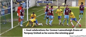 ?? Dave Crawford/PPAUK ?? > Goal celebratio­ns for Connor Lemonheigh-Evans of Torquay United as he scores the winning goal