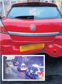  ??  ?? Damage caused to Barry Holden’s Vauxhall Astra after the crash on Whalley Road and (inset) police at the scene