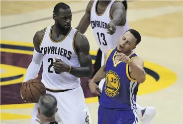  ?? JASON MILLER / GETTY IMAGES ?? Stephen Curry of the Golden State Warriors has a scowl for Cleveland’s LeBron James during Game 6 action in the NBA Finals Thursday in Cleveland. Both figure to play starring roles in Sunday’s decisive Game 7 in Oakland.