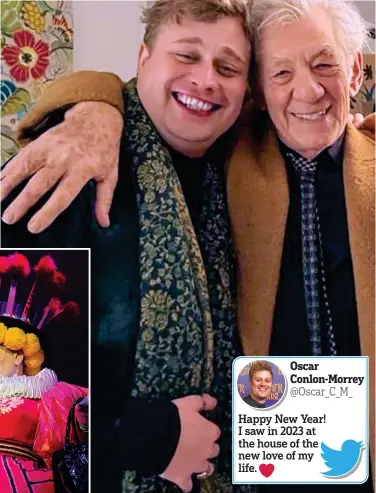  ?? ?? Oscar Conlon-Morrey @Oscar_C_M_
Close: Oscar Conlon-Morrey with Sir Ian McKellen in a photo he tweeted, inset. Left: The pair as they appear in Mother Goose