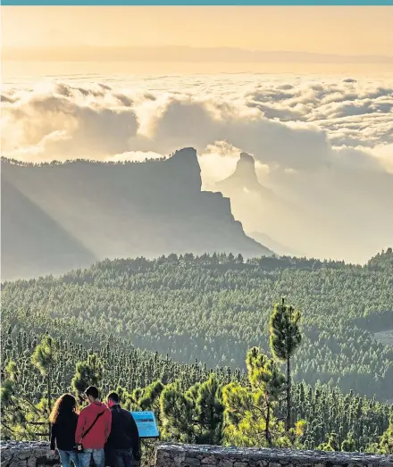  ??  ?? ● Clockwise from main: Stunning view of volcanic Roque Nublo in Gran Canaria’s central uplands, Las Canteras beach, Santa Catalina hotel where James stayed, and Las Palmas cathedral, inset