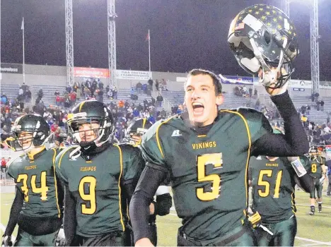  ?? MORNING CALLFILE PHOTO ?? Central Catholic’s Brendan Nosovitch (5) celebrates after the Vikings defeated Bishop McDevitt 28-27 for the PIAA Class 3A state championsh­ip on Dec. 17, 2010, at Hershey Park Stadium.