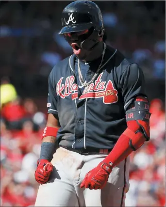  ?? JEFF ROBERSON — THE ASSOCIATED PRESS ?? Atlanta Braves’ Ronald Acuña Jr. was criticized by teammates after he failed to hustle on a ball off the wall in Game One of the NLDS. Outside of that blip, Acuña has been fantastic in the series.