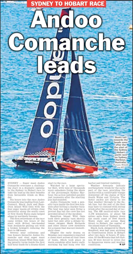  ?? Picture: ROLEX
via AP) ?? Boats sail towards the heads soon
after the the start of the Sydney
Hobart yacht race on Sydney Harbour, Australia.