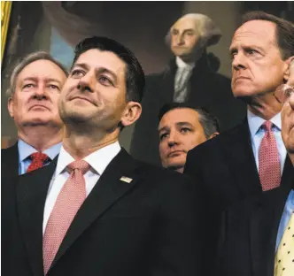  ??  ?? Republican­s urging tax cuts Wednesday include House Speaker Paul Ryan (s Rep. Mike Bishop of Michigan (right). The historic tax overhaul being crafted